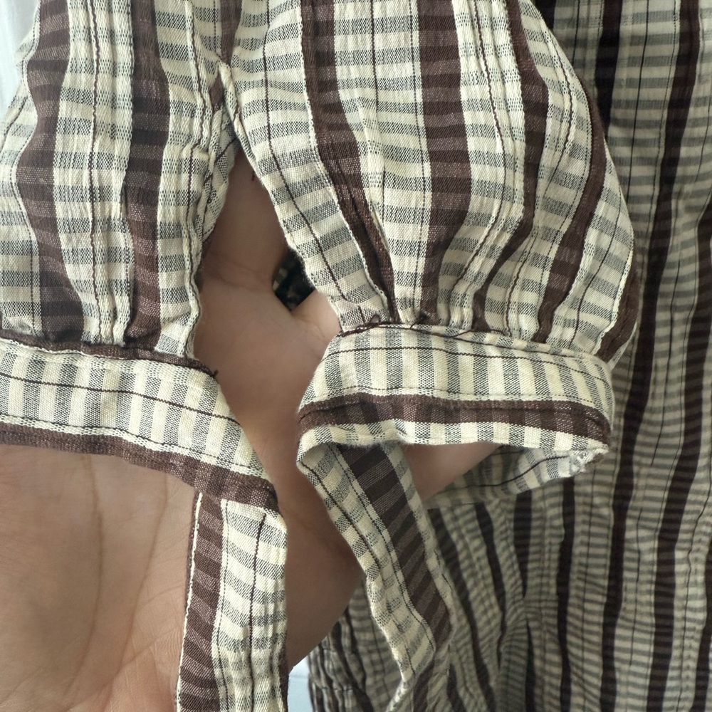Women's Brown and Cream Striped Short-Sleeve Peplum Blouse - Picture 6 of 8